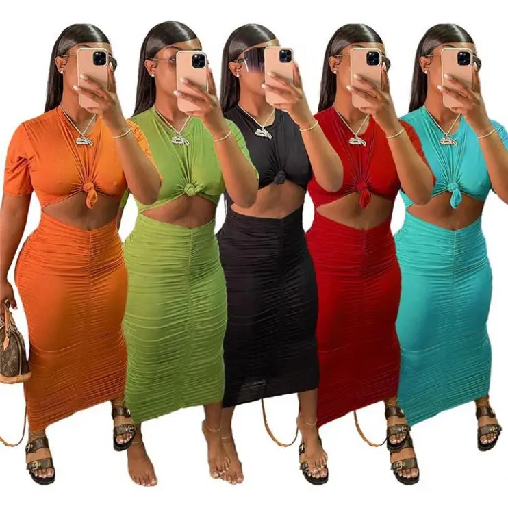 AOMEI Wholesale Tshirt Crop Top Pleated Folded Maxi Skirt Summer 2021 2 Piece Sets Two Piece Set Skirt Women Clothing