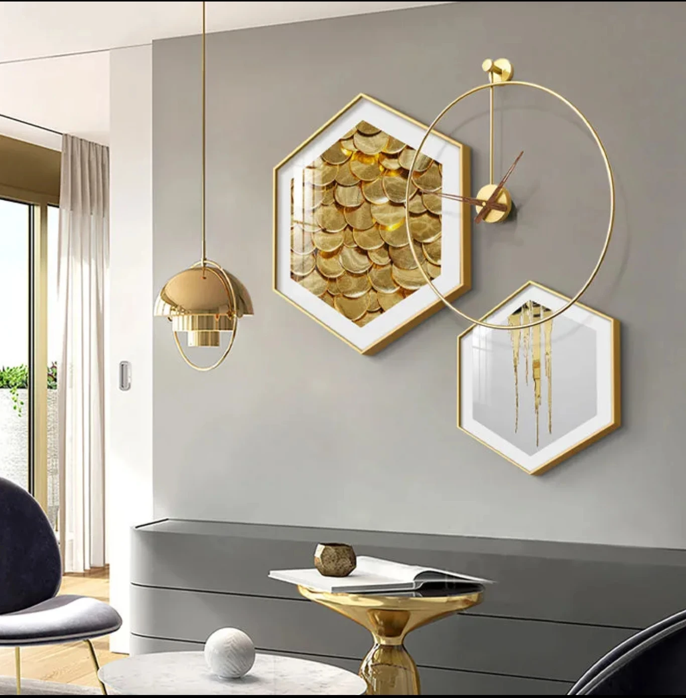 Dining room decorative painting hexagonal combination hanging painting kitchen dining table painting with clock high-grade mural