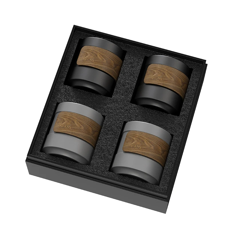 DHPO Japanese Style 4 Cups Set Portable Matte Black Ceramic Coffee Tea Mug with Wooden Sleeve Porcelain Cups
