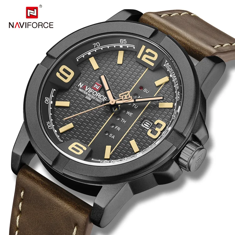 NAVIFORCE 9177 Top Quality Leather Strap Creative Day Calendar Unique Men Watch