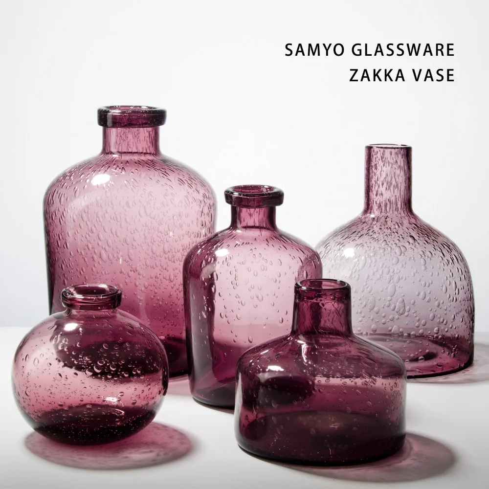Samyo Handmade Hot Sale Purple Glass Flower Vase Glass Cylinder Vase With Bubble Flower Vase Glass
