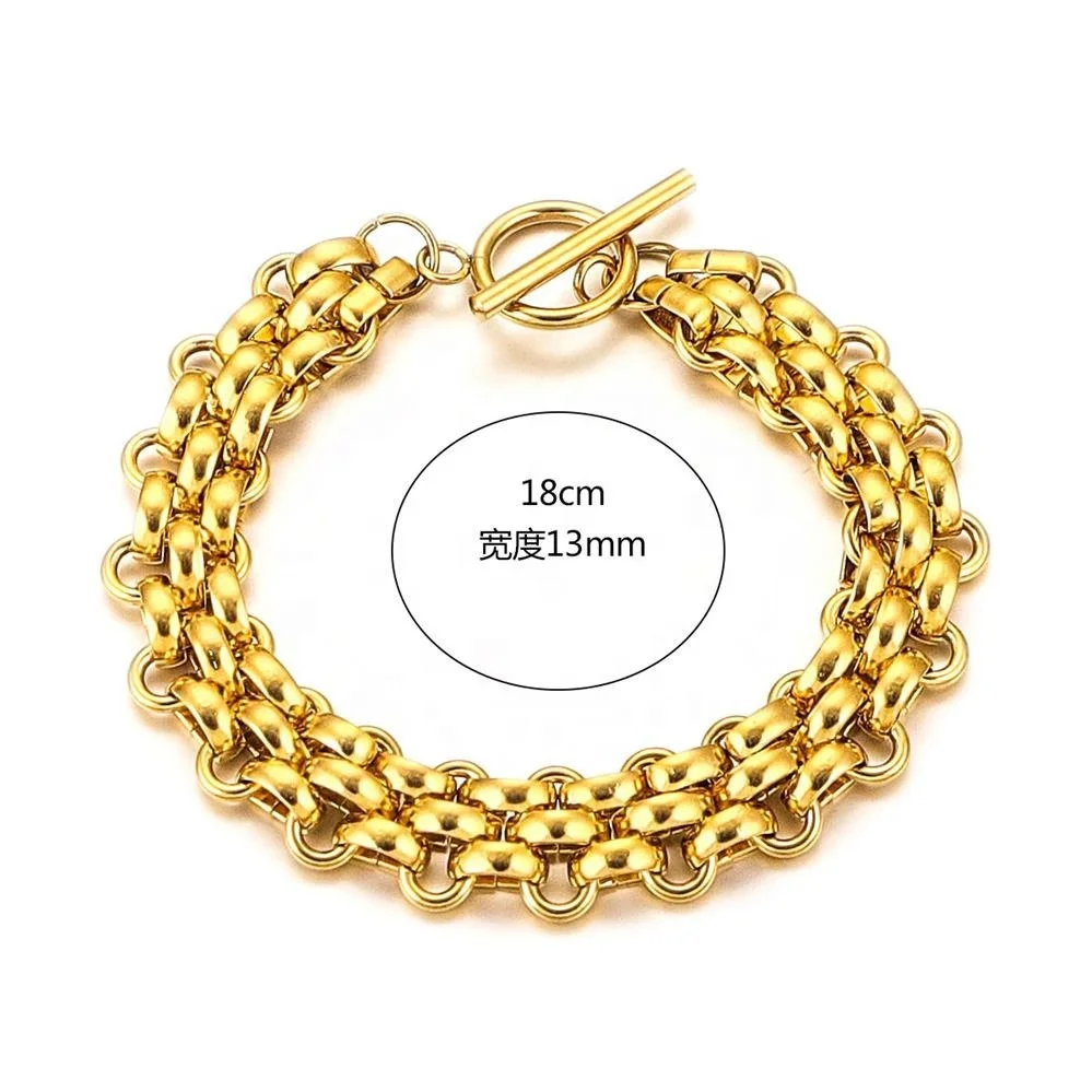 2024 New style pvd 18k gold plating hip hop 13mm width stainless steel smooth textured mesh link chain bracelet