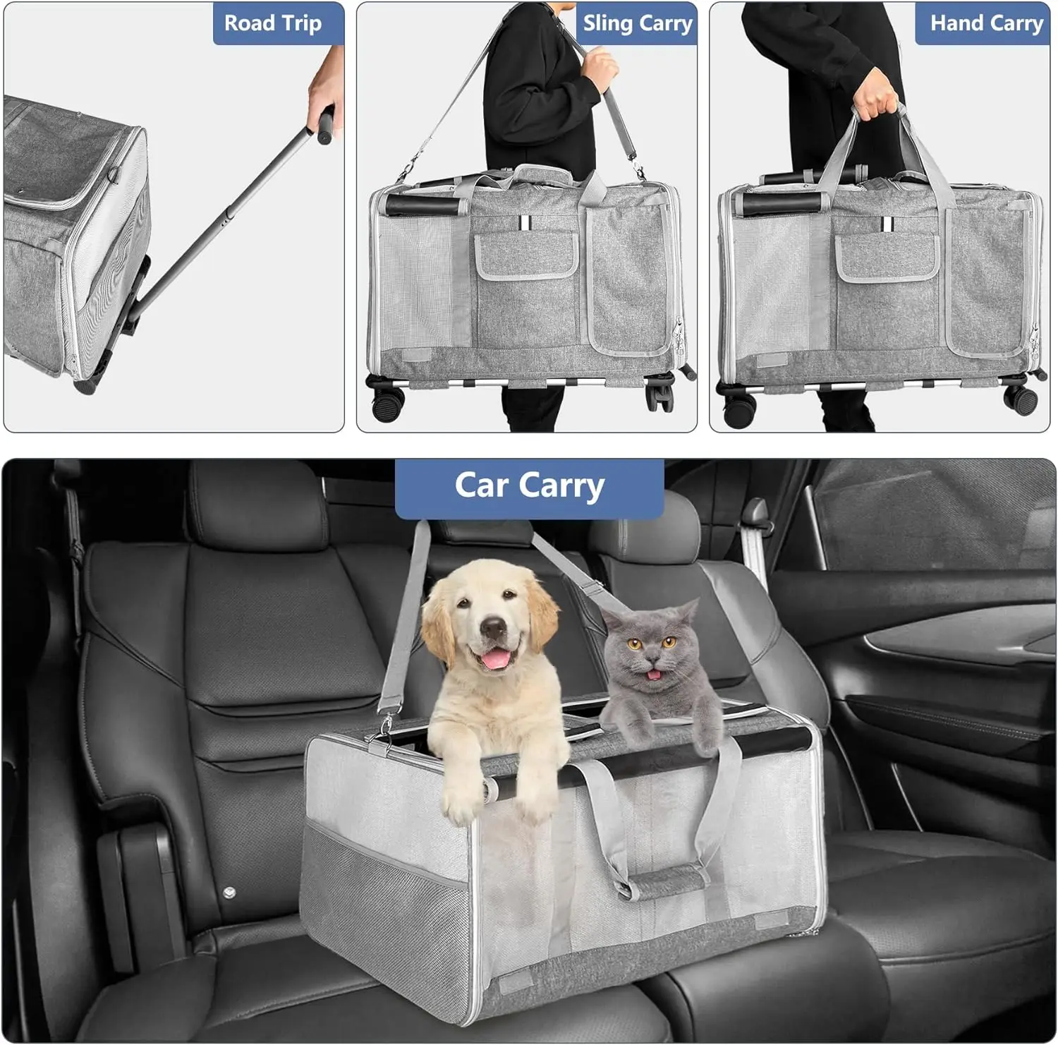 Foldable Pet Dog and Cat Carrier Bag Cat Dog Backpacks, Crossbody Bag for Pets Portable Breathable Rubber Mesh Bags with Wheel