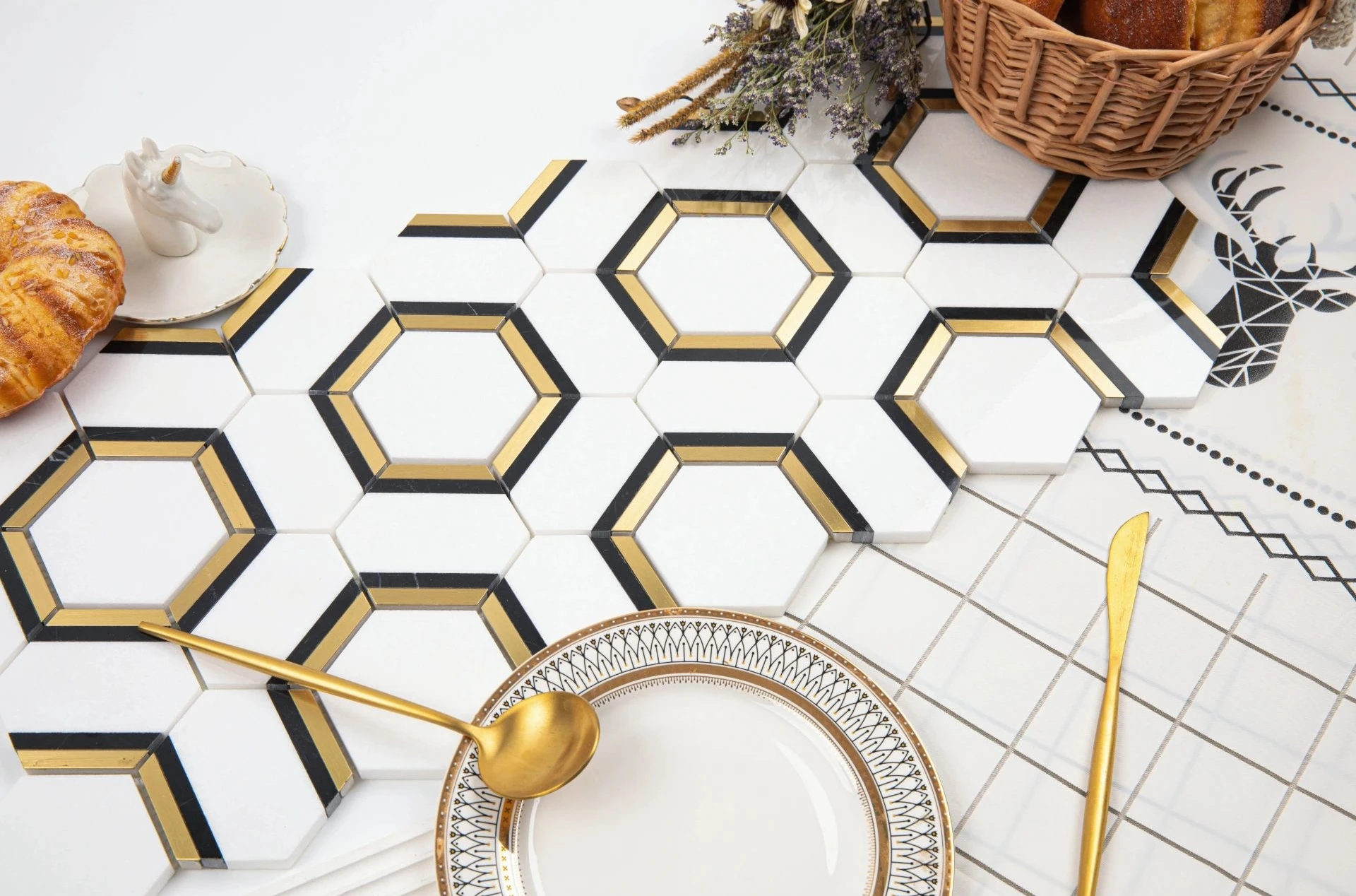 Sell High-grade Light Luxury Natural Marble and Metal Hexagon Mosaic Tile Waterjet Pattern