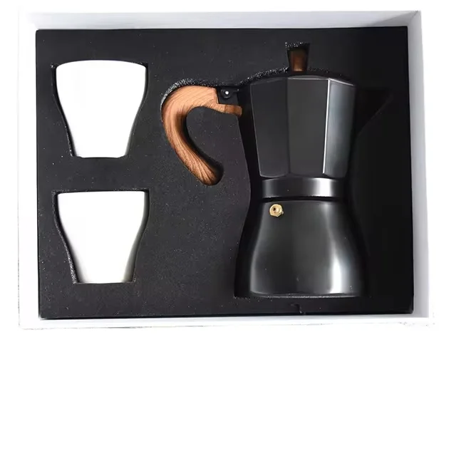 New Design Customized Classical Aluminum Espresso coffee maker Moka Pot with ceramic cup set