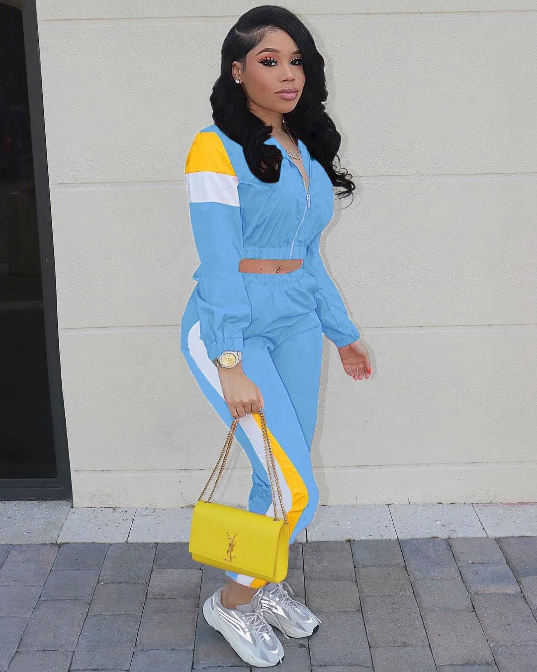 New Arrivals 2021 Clothing Women Color Block Two Piece Outfits Tracksuit Sports Joggers Windbreaker Jacket Women 2 Piece Sets