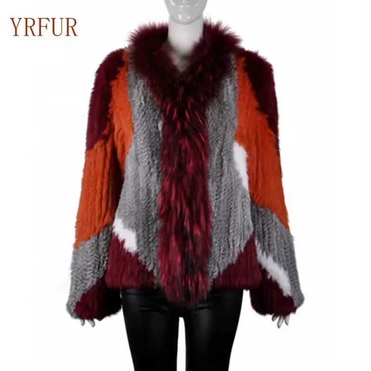 YR940 China Factory Latest Style Women Knitted Rabbit Fur Coat with Big Raccoon Collar Custom Color