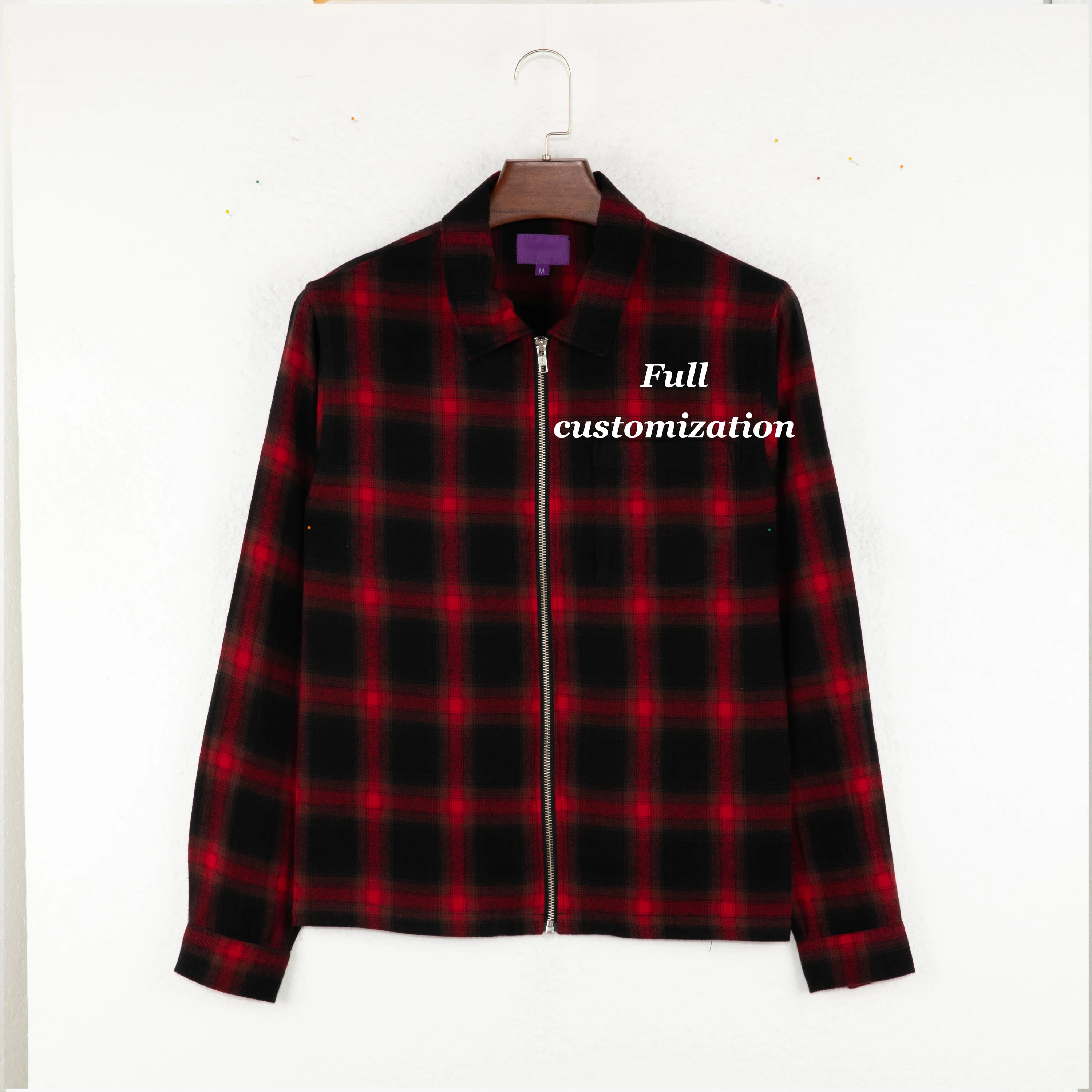 Custom 100% Cotton Zip Up Shirts Brushed Flannel Shirts Red Black Plaid XS-5XL Checked Flannel Shirts for Men