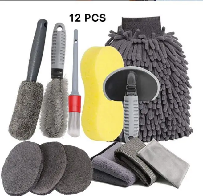 Nice 12Pcs Car Wash cloth Polishing Waxing Sponge Wheel Hub Brush Tire Brush Car Cleaning Microfiber Towel Car Detailing