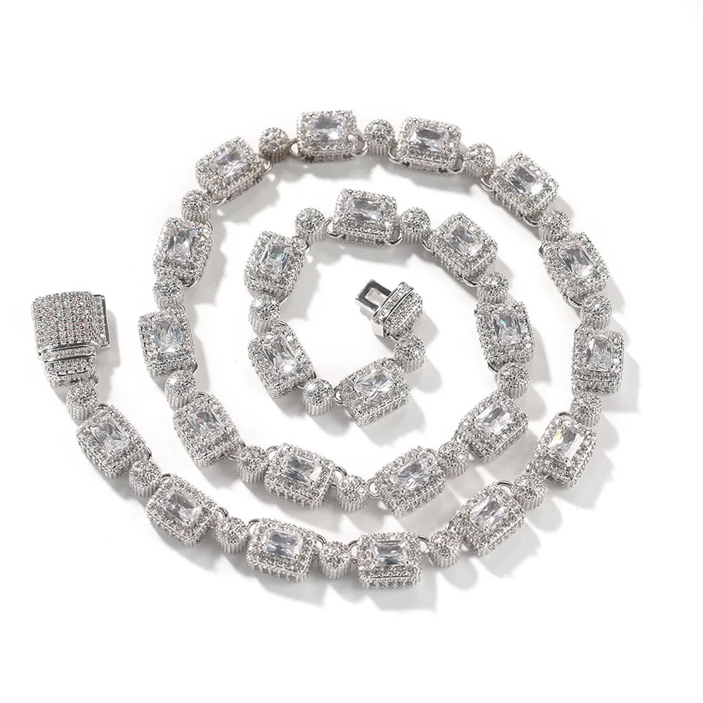 UWIN Hip Hop Femme Ice CZ Cubic Zirconia Princess Cut Stone Pink Square Diamond Iced Out Princess Cut CZ Ball Link Chains