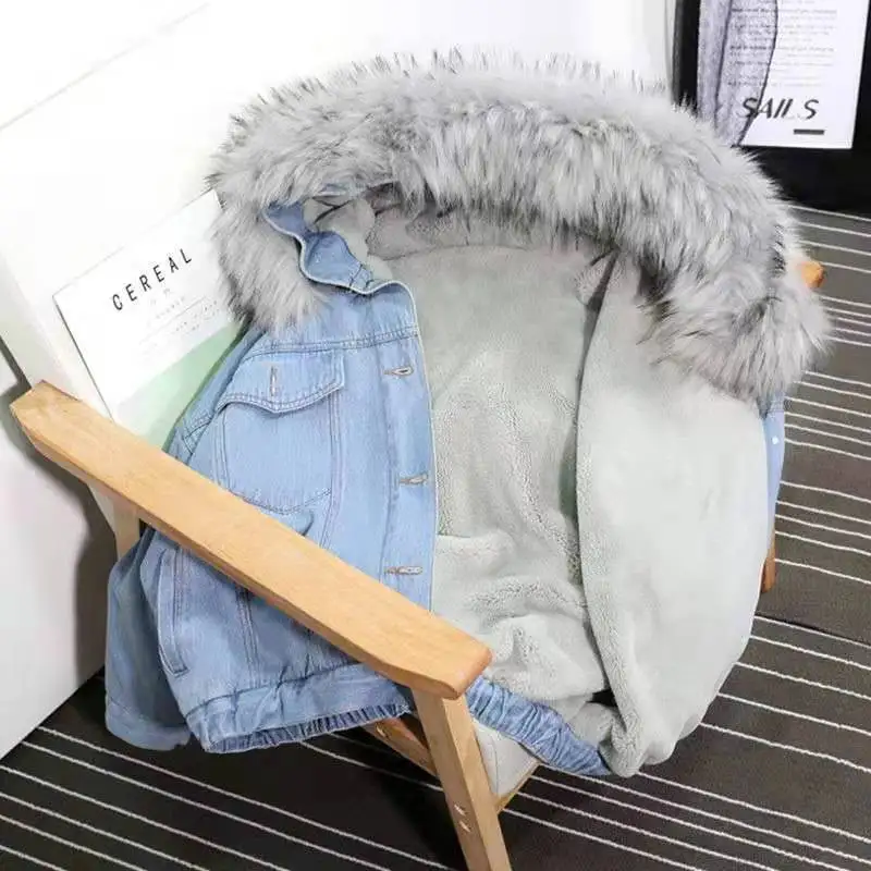 AIMINYZ Trendy 2023 Wholesale Autumn And Winter Rabbit Hair Short Jacket With Large Fur Collar Plush Denim Jacket For Woman