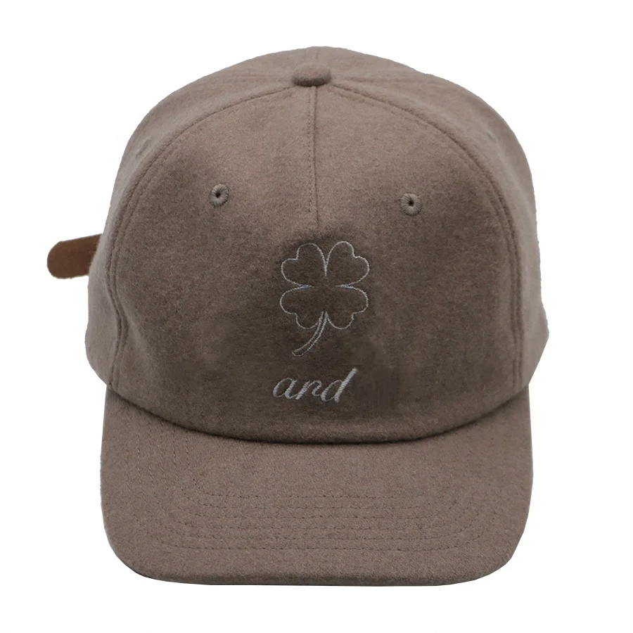 custom design lower crown 5 panel flat embroidery dad caps wool blend leather strap metal buckle wool hats unstructured dad hats