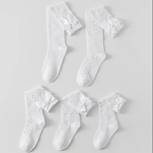 Custom Logo Design Best Price White School Socks Cotton Polyester Hot Sale Custom Pattern Kids Summer Socks With Bow