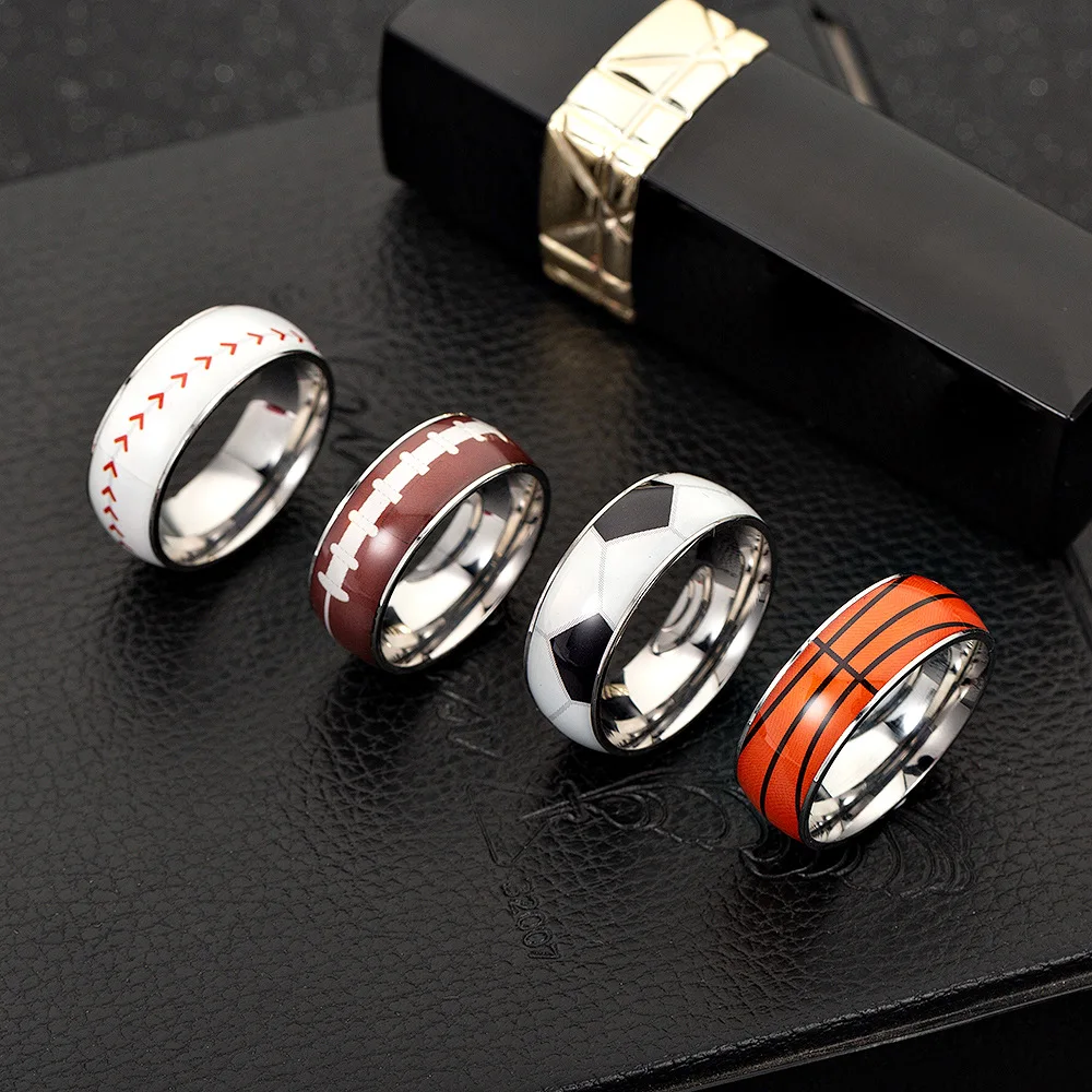 China Jewelry Unique Design Sports Ball Rings Titanium Steel Men Finger Ring Enamel Basketball Football Baseball Ring