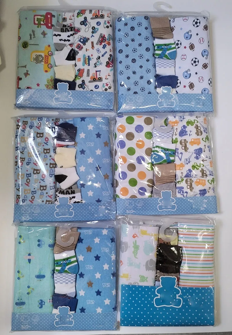 150*100 CM 2 Pcs Receiving Blanket with 4 Pairs Socks 100% Flannel Cotton Mixed Patterned Designs Baby Swaddle Blankets