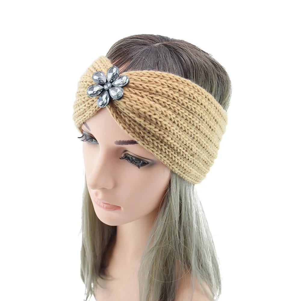 Go Party Winter Wide Brim Elastic Wool Knitted Headbands Knot Diamond Crystal Flower Twist Crochet Hair Band For Women Turban