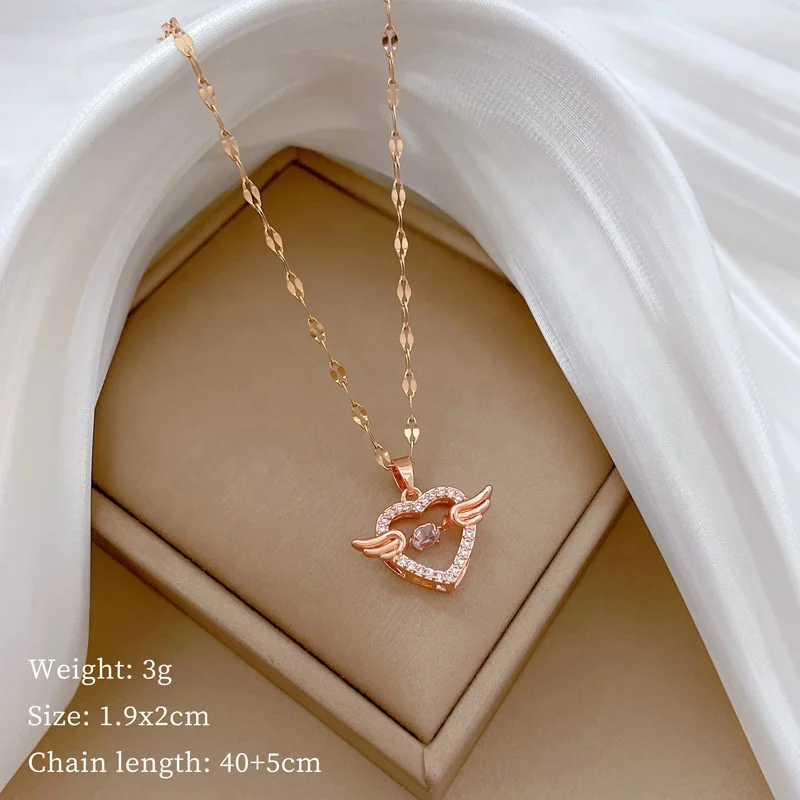 In Stock Valentines Day Angel Wings Necklace Gold Plated Stainless Steel Dangle Zircon Heart Necklace