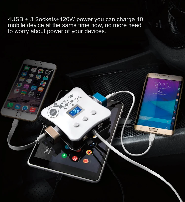Wholesale 3 in 1 Sockets Car Cigar Cigarette Lighter Charger 12V With 4 Dual USB Ports Car Charger