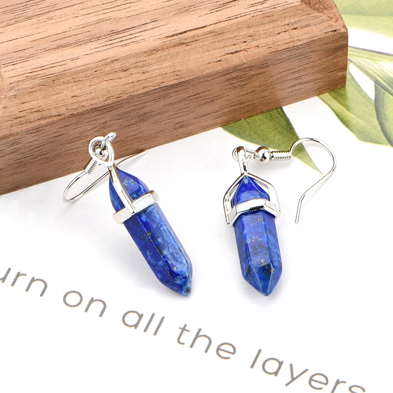 Colorful Natural Stone Crystal Drop Earrings Bullet Shape Healing Point Dangle Fishhook Earring for Women
