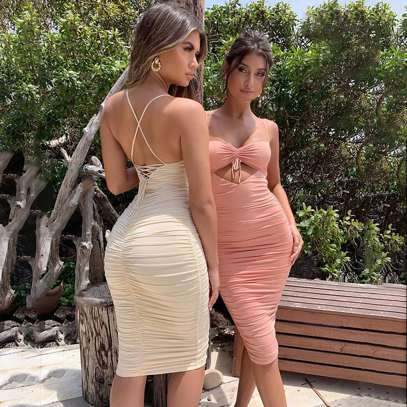 2019 European and American Fashion New Bow Wrapped Chest Sleeveless Pleated Bandage Dress