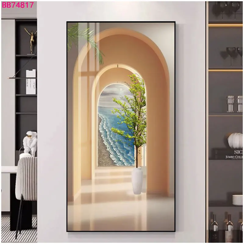 Modern Hot Sale Living Room Home Decor Abstract Wall Art Best 3D Effect Crystal Porcelain Painting Landscape Photo Gold Framed