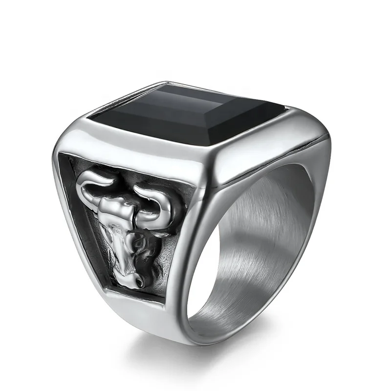 
24mm mens big gemstone rings cow bull black stones ring gold and silver color stainless steel high quality ring for men 