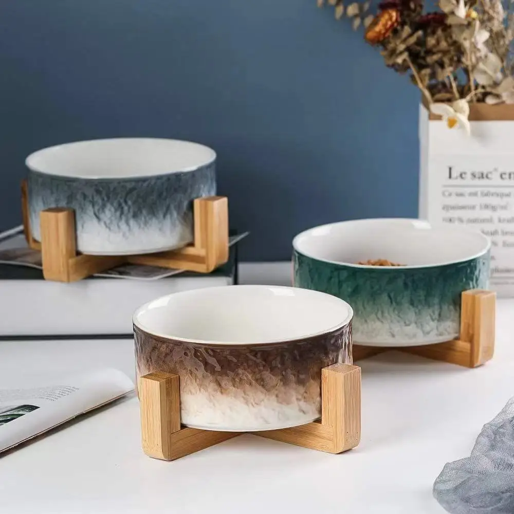 Drinking Well Bamboo Wooden Stand Holder Water Fountain Ceramic Pet Dog Cat Bowl