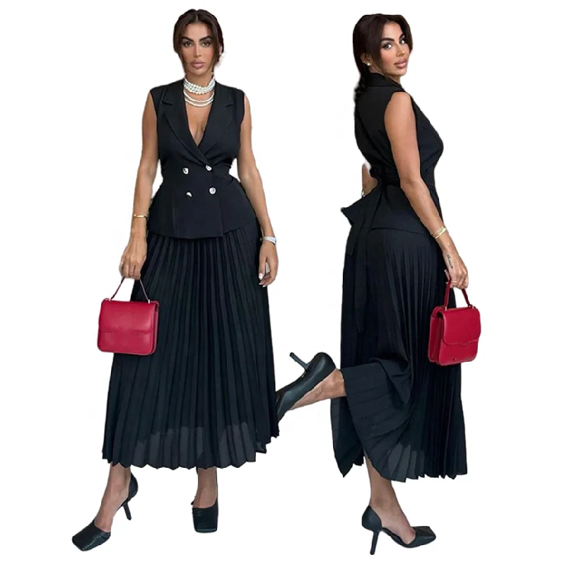HK7438 Summer Women Long Skirt Set Elegant Lapel Sleeveless Double Breasted Top And Pleated Skirt Set 2 Piece Outfits For Women