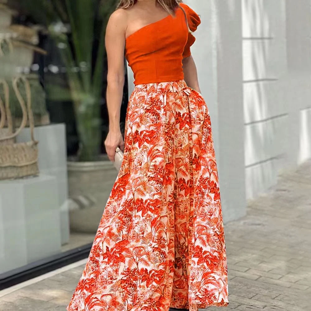 2023 New Arrivals Floral Palazzo Pants Suits Women Chic One Shoulder Top And Wide Leg Pants 2 Piece Summer Outfits