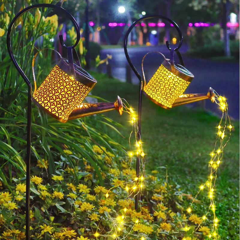 Solar water kettle lamp garden decorated with colorful lines hollow out solar lawn light villa iron art retro atmosphere lamp