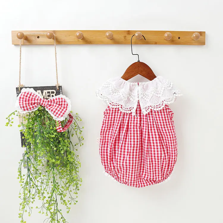Cute Infant Clothes 2 Piece Plaid Floral Lace Collar Sleeveless Baby Girl Romper+bow Headband Birthday Princess Bodysuit 0-18M