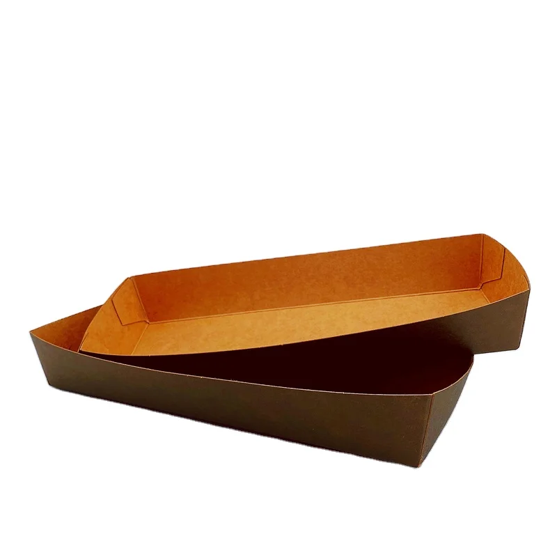Boat Shape Disposable Food Grade Paper Boxes Packaging Snack Fries Chicken Kraft Paper Boat Tray