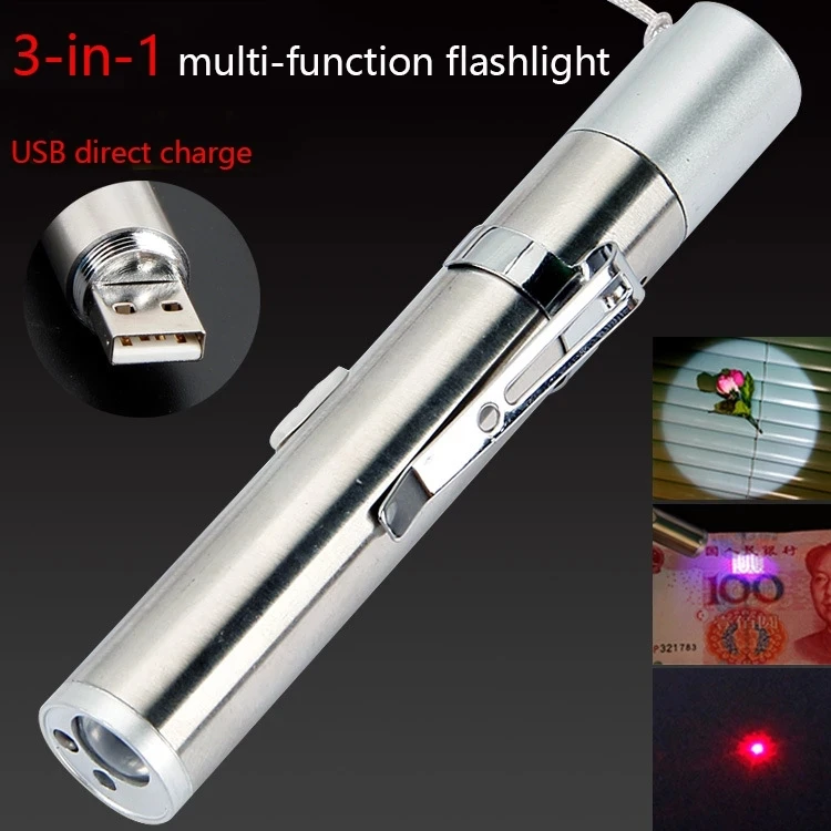 aluminium dimmable rechargeable plug in promotional pen red ir pointer uv light pocket led flashlight with clip clamp torch