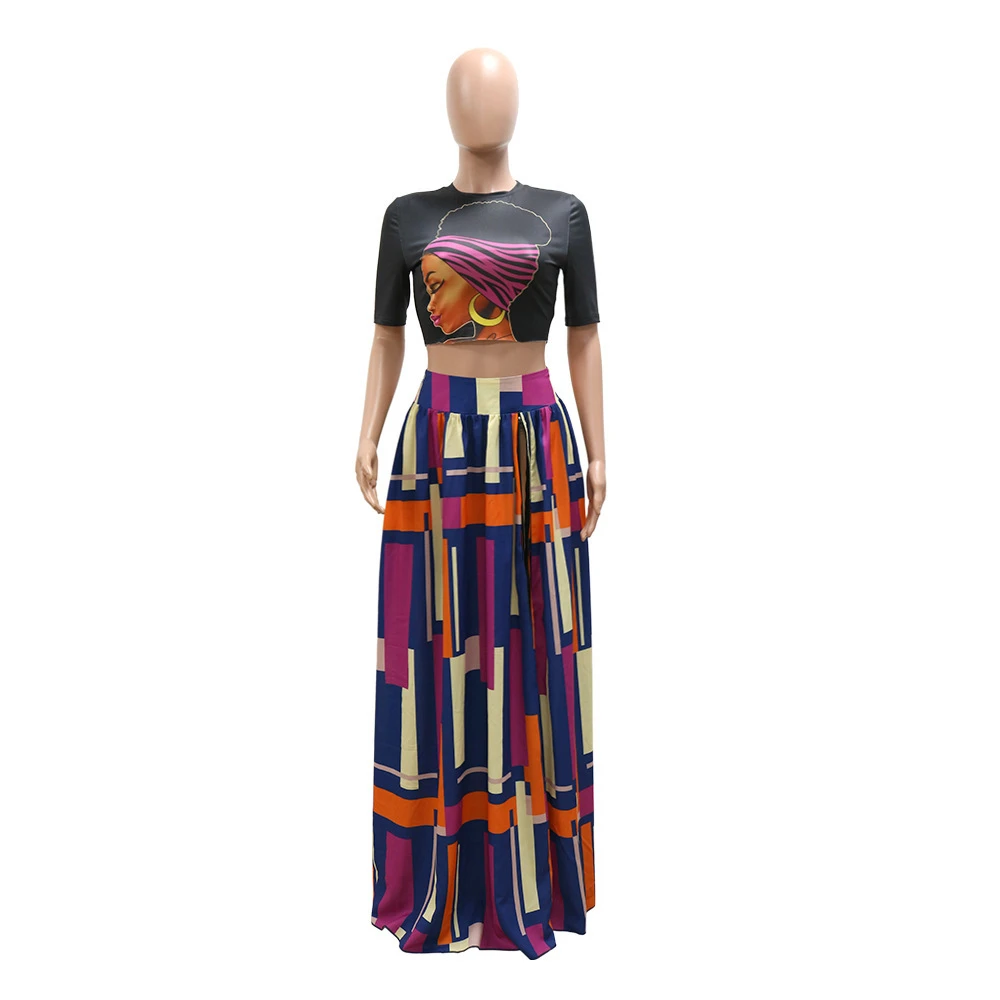 MD-2022061704     tube and skirt fashion short sleeve printed slit women 2 piece set clothing