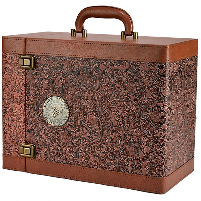 Phoenix tail pattern pu leather gift wine box free sample handmade 6 bottle wine box luxury wine box with bar tool