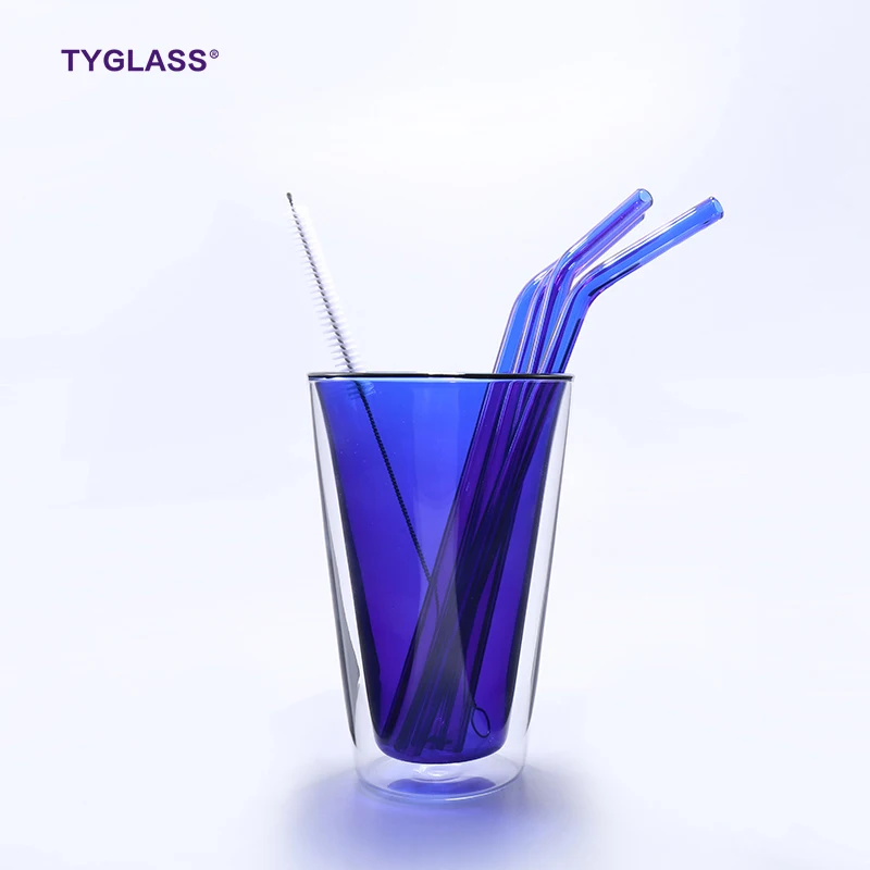 eco-friendly transparent cocktail wine straws custom printed antique high borosilicate bent glass straw set