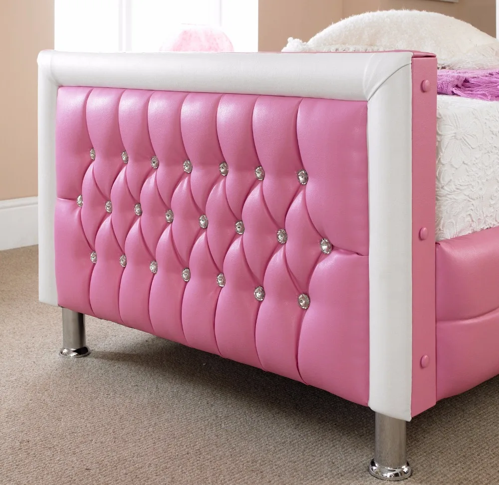 Girl Style Pink  Comfortable Faux Leather  Diamond Platform Bed Frame With Metal Legs