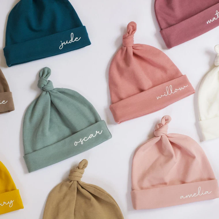 Cheap Newborn Baby Hospital Knotted Beanie Gift Soft Cotton Fabric Custom Print Kids Name Baby Hats