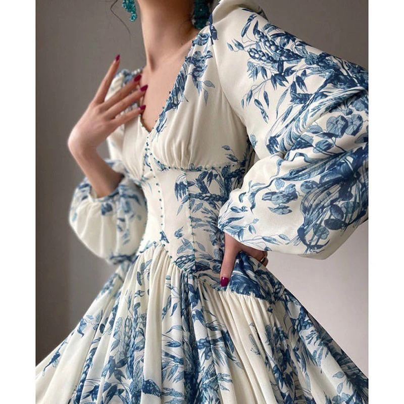 Green Dimple Long Puff Sleeve Dress For Women Printed Decorated Ballroom Dance Gown Formal Woman Clothing