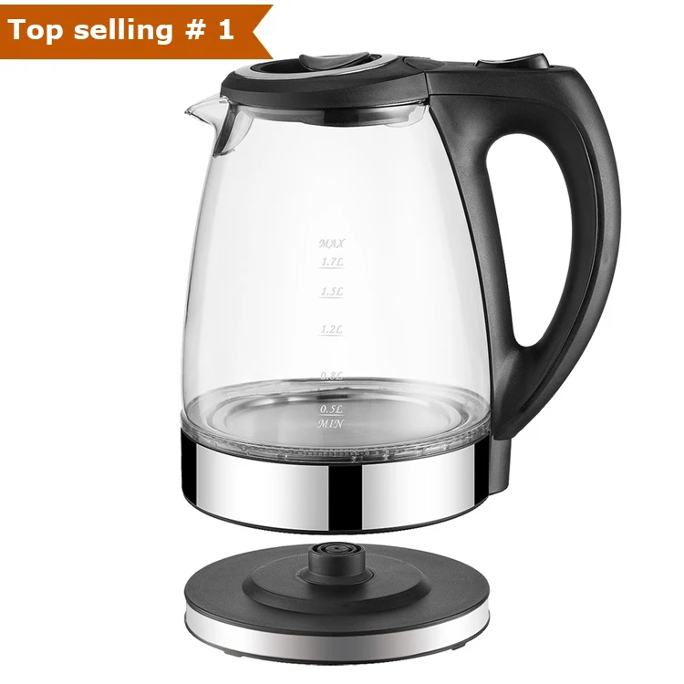 1.7L Auto-Shut off Electric Glass Tea Kettle Mechanical Control Water Boiler Heater with Blue Light for Home or Hotel Use