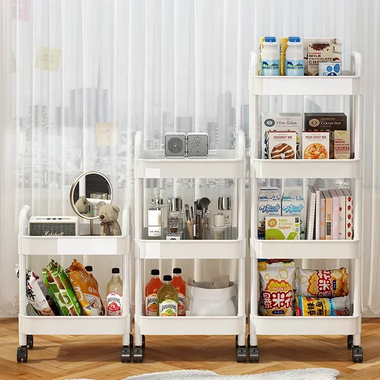 Plastic trolley Double armrest shelving floor to floor snack Kitchen bathroom Home Multi-layer removable trolley with wheel