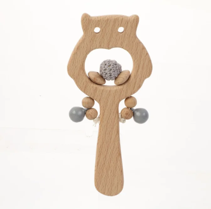 Wholesale Natural Beech wood educational toys Wooden Baby Rattle Owl Teething toys infant Training Sensory toy