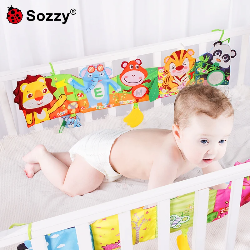 Sozzy cute newborn baby toy crinkle paper sound visual stimulate lion foldable crib hanging cloth book
