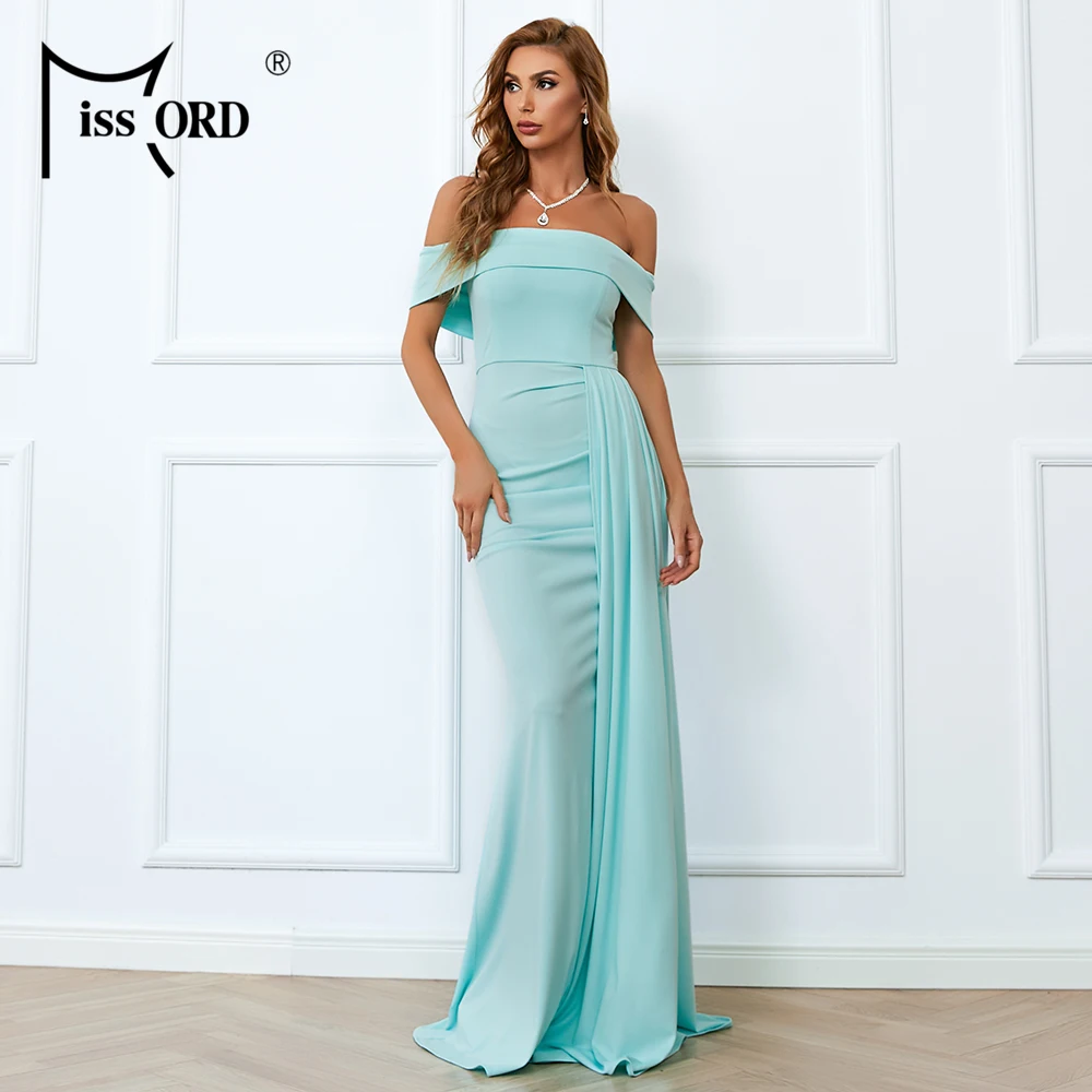 Green Off Shoulder Plicated Party Zip Back Slim Fit Prom 2023 Newest India Style Evening Dresses