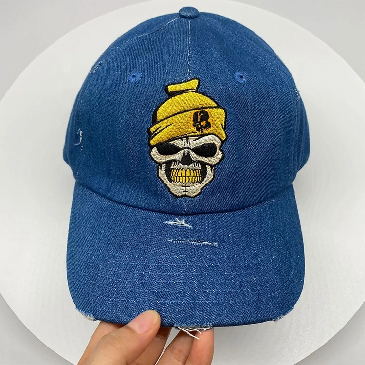Custom worn out machine embroidery dark blue jean dad hat baseball cap