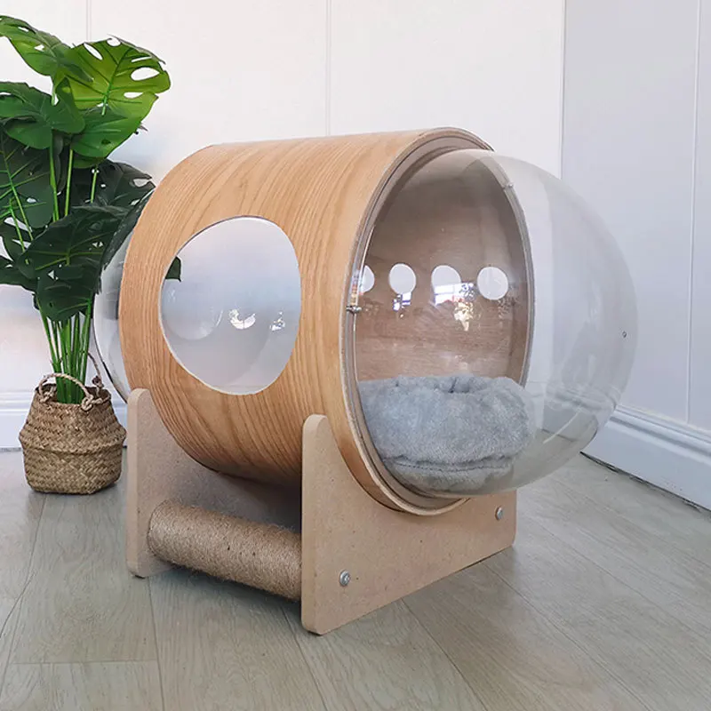 Pet Furniture Space Capsule Cat Bed Indoor Cats Bed Solid Wood Stand Stable All Seasons Kitten Nest Transparent Cat House