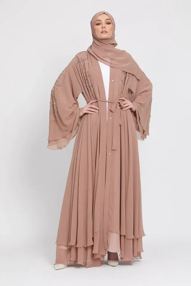 Customized Color Fashion Luxury  Chiffon  Layered with beads  Open Abaya Women Muslim Dress abaya