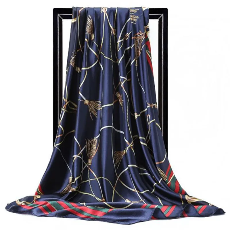 Шарфы для женщин модная футболка в полоску, большой размер, принтованный Шелковый Атласный шифон шарф 90 см роскошного фирменного дизайна; Цвет Квадратные платки мусульманский хиджаб шарф