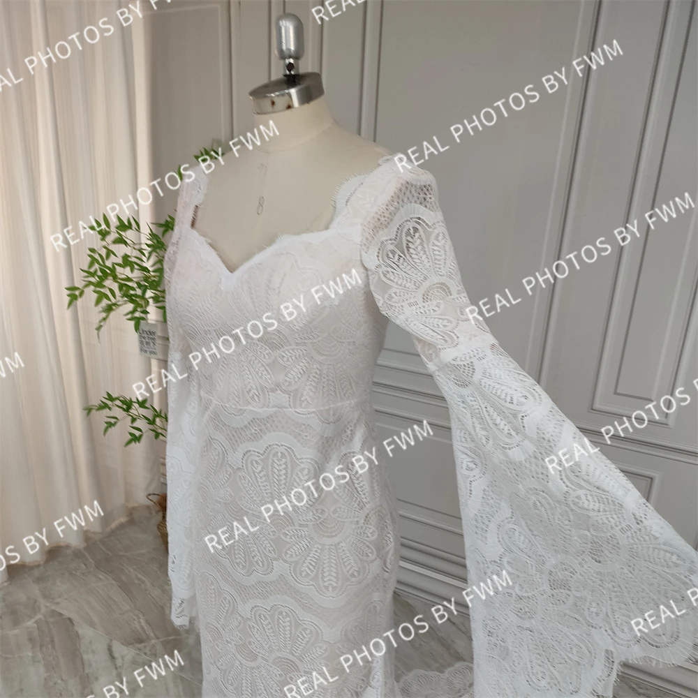 100% Real Photos High Quality Boho Flare Sleeves Lace Wedding Dress For Bride Woman Open Back Bridal Gown With Train Custom Made