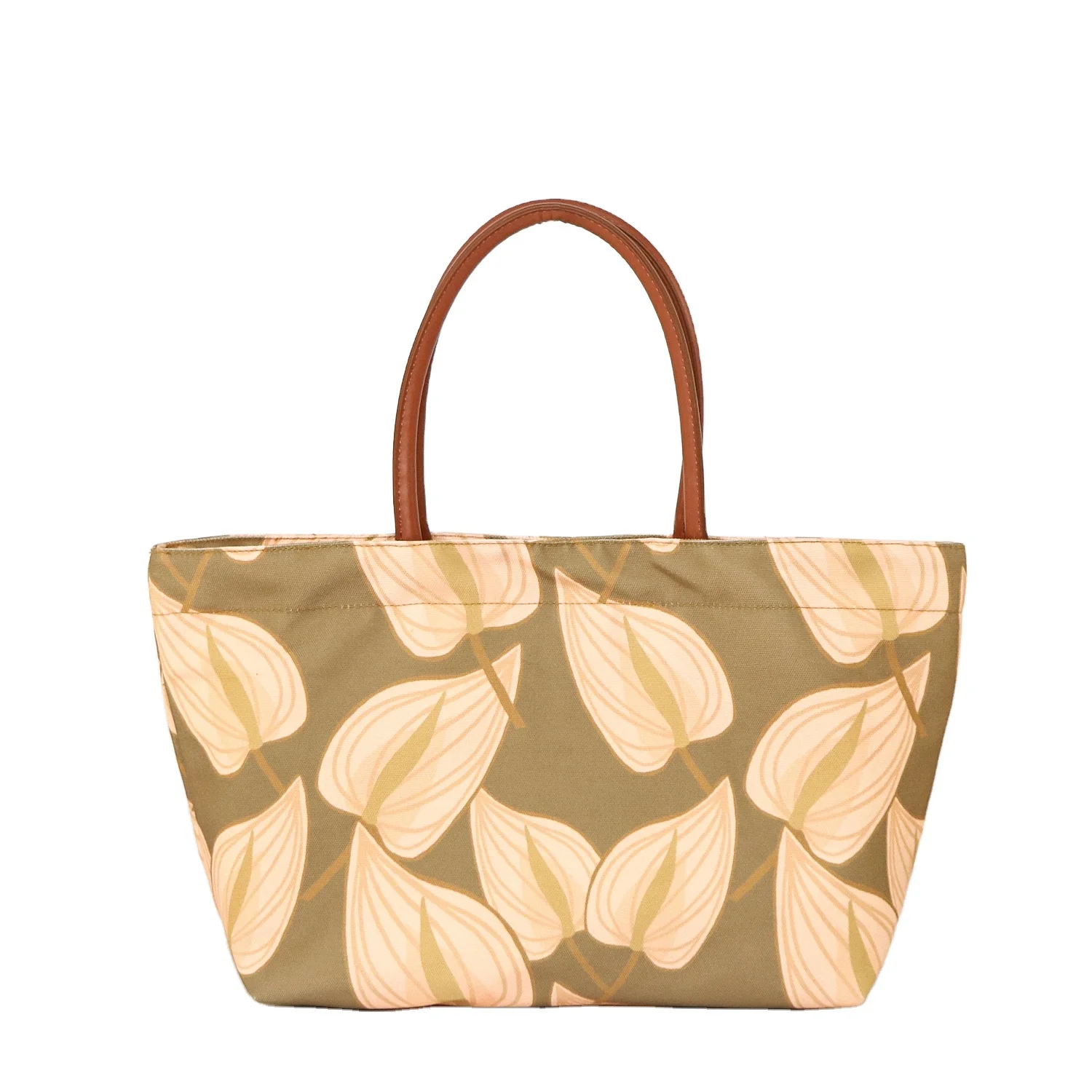 2021 Must-have Fashion Item for Street Leaf Print Customized Canvas Tote Bag with Leather Handles
